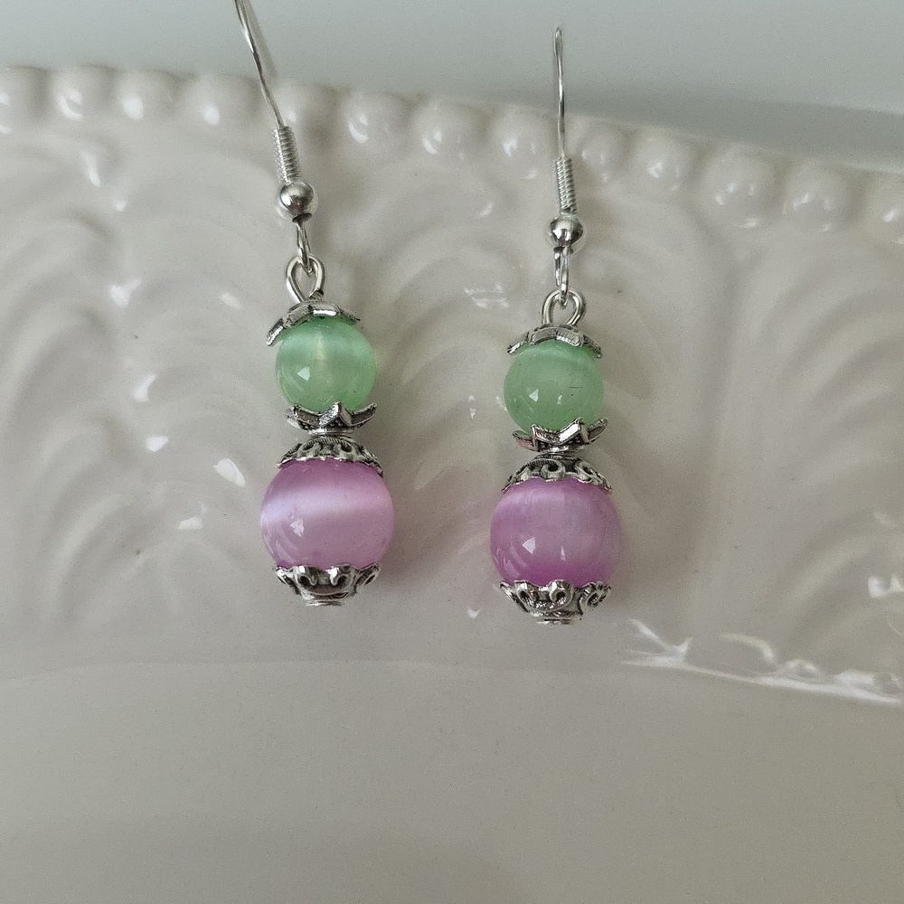 Pink and GREEN SELENITE Pastel Beaded Handcrafted Artisan Earrings